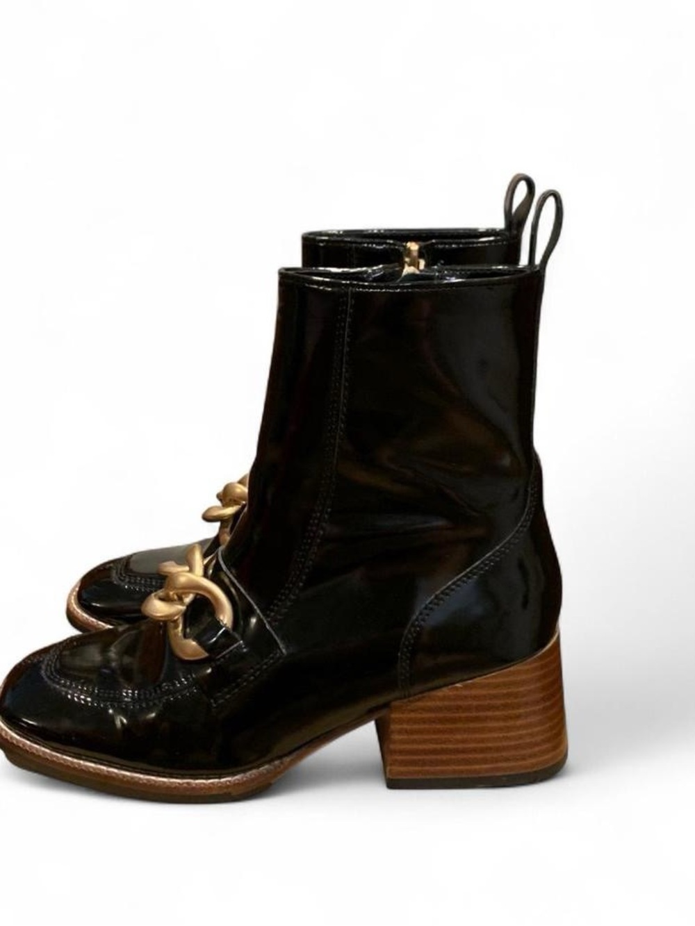 Black Patent Leather Block Heel Ankle Boots with Gold Hardware
